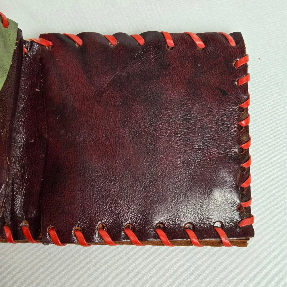 Handmade Bifold Leather Wallet Burgundy Red Contrast Stitching‎ Rustic Primitive